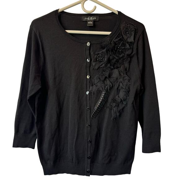 August Silk Academia Cardigan Sweater Black 3/4 Sleeves 3D Floral Silk Large - Picture 1 of 7